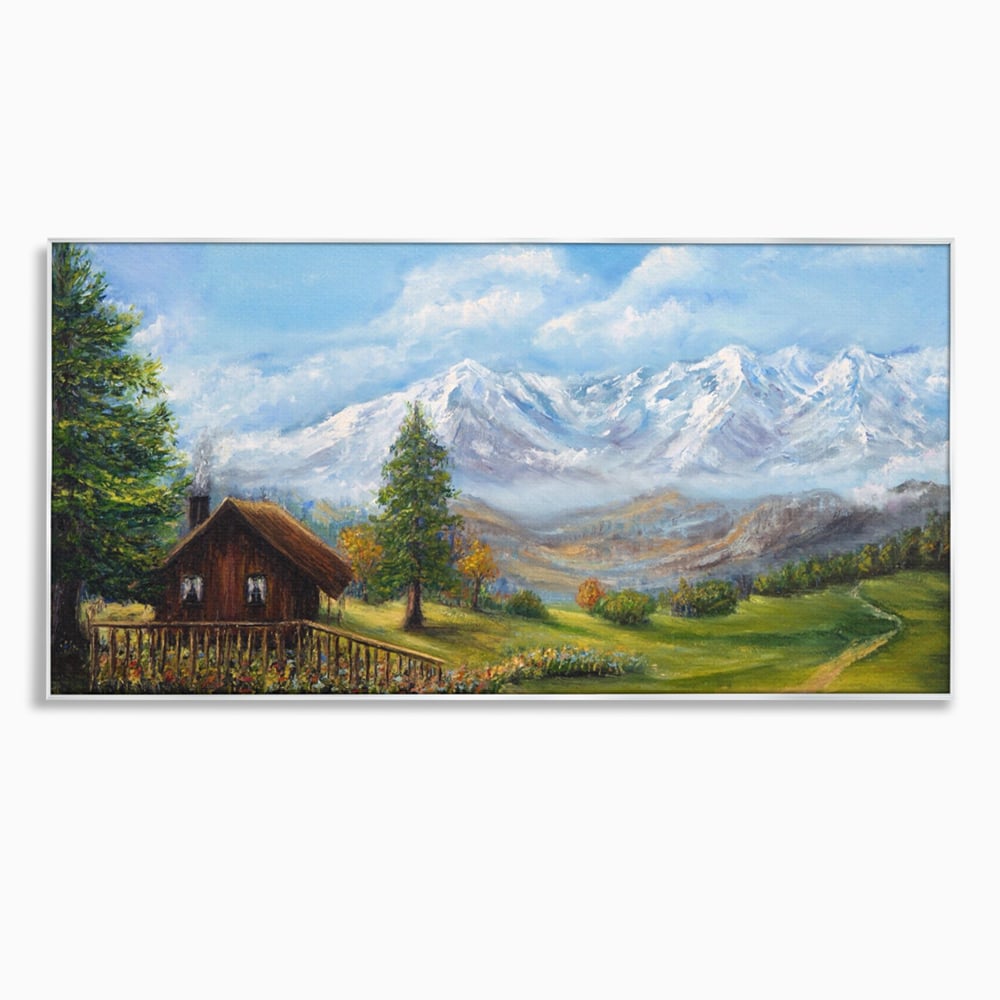 Tablou canvas cu tablou canvas cu peisaj montan si cabana, in rama de aluminiu argintiu